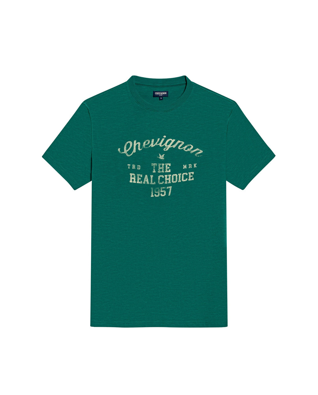 Men's T-Shirt Slim Fit Short Sleeve Cotton Subtle Slub Heavy Rib Collar Printed Front Graphic Seam Details - Green