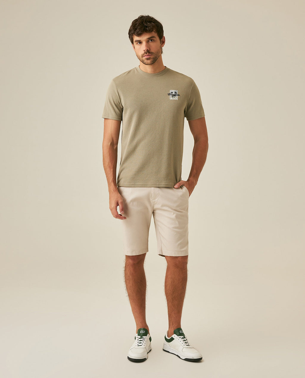Men's T-Shirt Slim Fit Short Sleeve Cotton Polyester Waffle Texture Chest Embroidery Overlay Label - Green