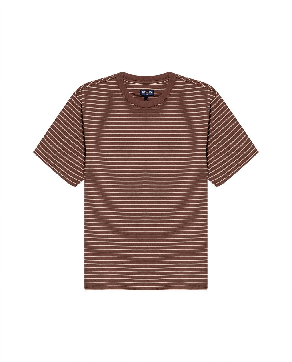 Men's T-Shirt Slim Fit Short Sleeve Cotton Elastane Stripe Fabric Flag Label Side Sleeve Nautical - Brown