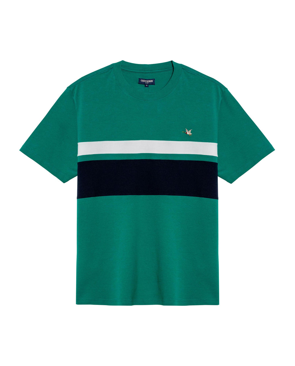 Men's T-Shirt Slim Fit Short Sleeve Cotton Jersey Normalized Varsity Color Blocks Tone on Tone Duck - Green