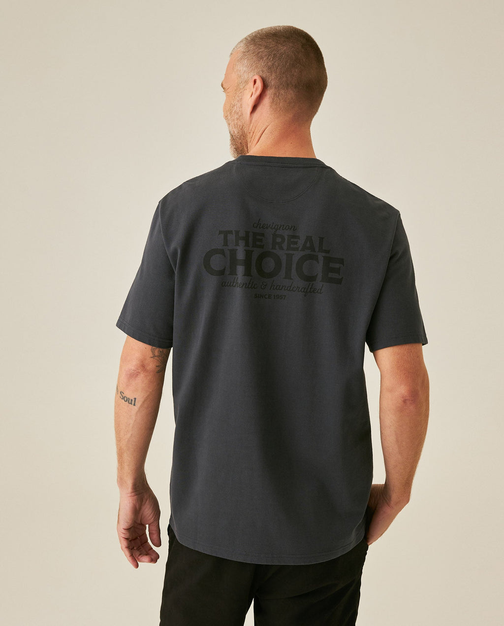 Men's T-Shirt Long Sleeve Classic Fit Cotton Jersey Medium Weight Mixed Typography Front Back - Gray